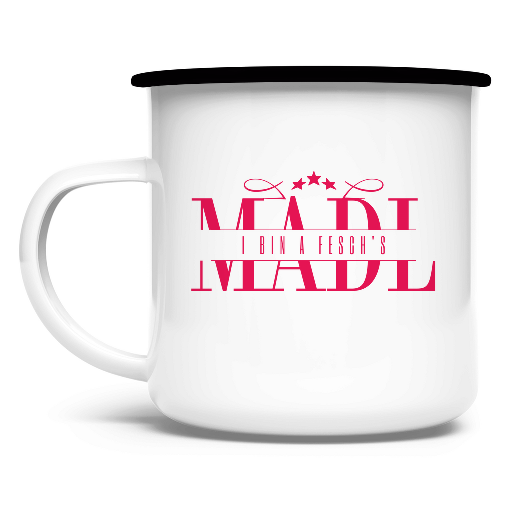bayerische Emaille Tasse I bin a fesch´s Madl - rot - Grantler Gwand