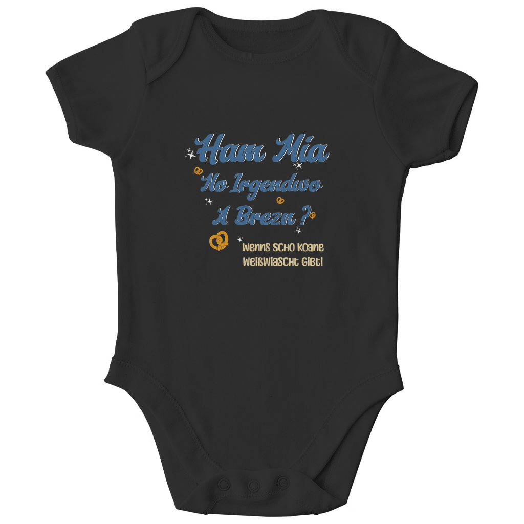 Bayerischer Bio Baby Body Ham mia no irgendwo a Brezn - blau - Grantler Gwand