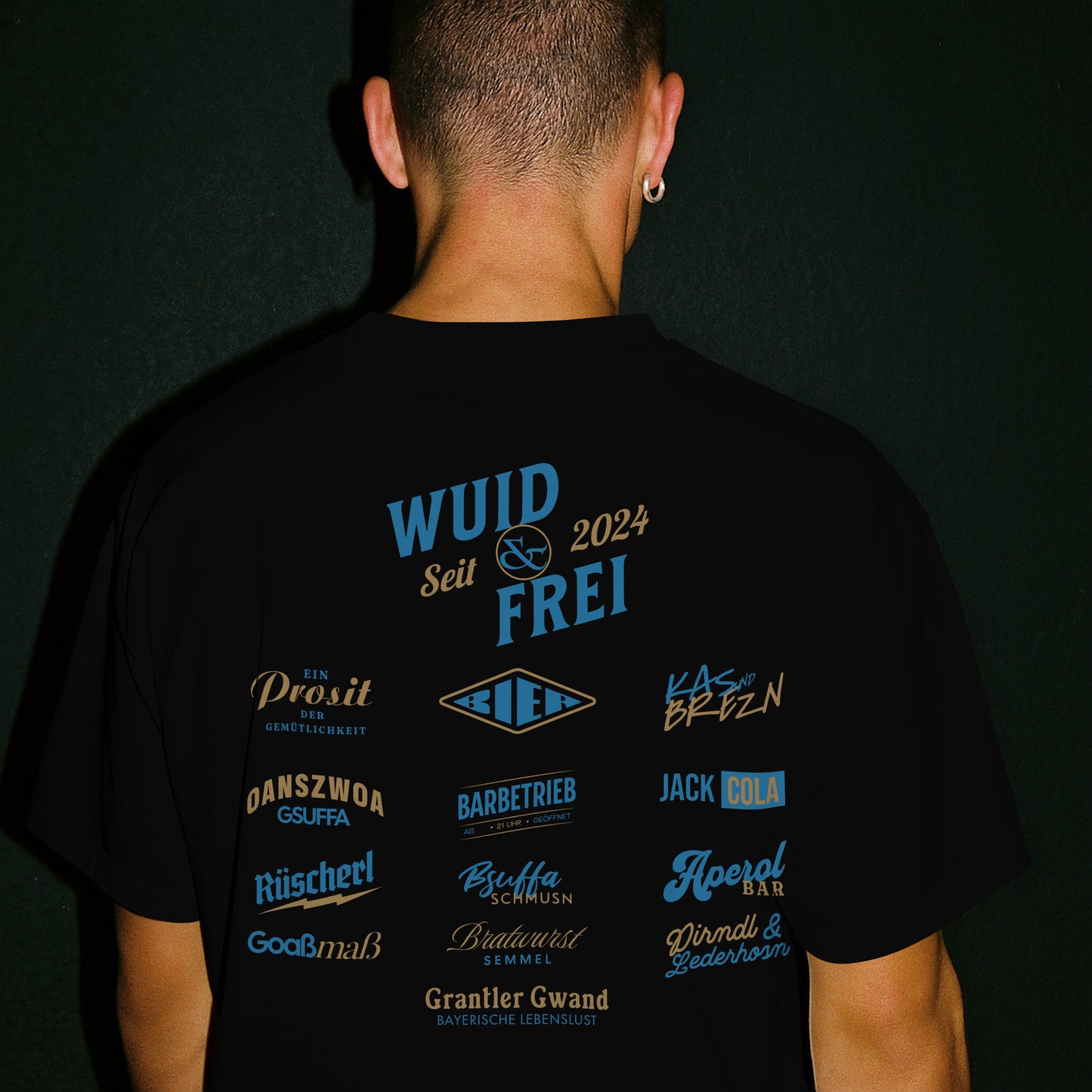 Bayerisches Oversize T-Shirt Unisex - Wuid & Frei Dorfleben -blau/gold - Grantler Gwand