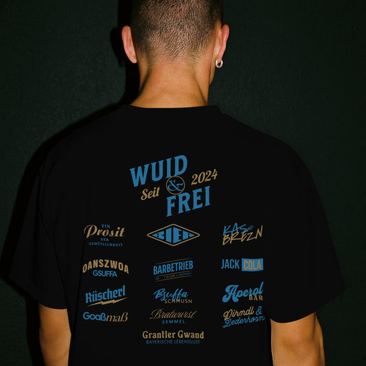 Bayerisches Oversize T-Shirt Unisex - Wuid & Frei Dorfleben -blau/gold - Grantler Gwand