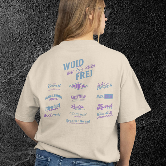 Bayerisches Oversize T-Shirt Frauen - Wuid & Frei Dorfleben -blau/lila - Grantler Gwand