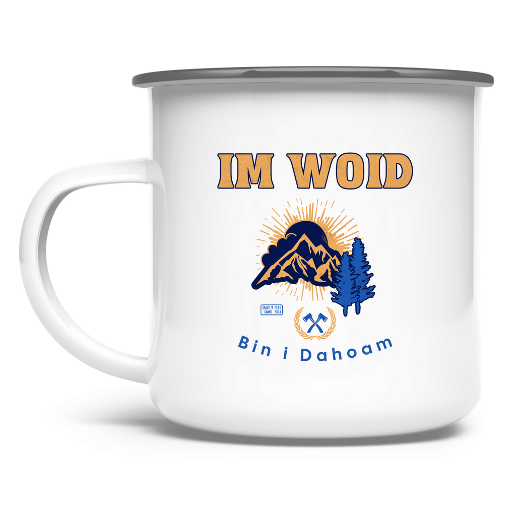 Emaille Tasse Im Woid bin i dahoam - blau