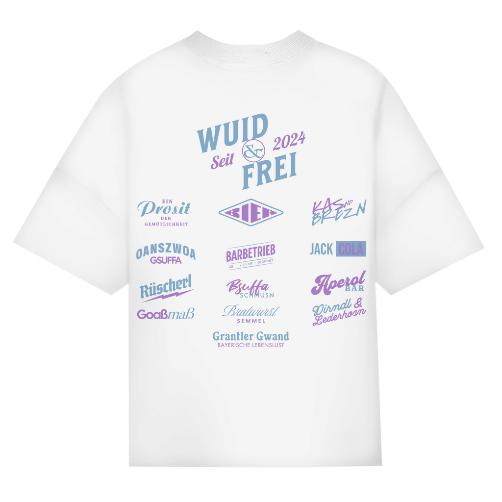 Bayerisches Oversize T-Shirt Frauen - Wuid & Frei Dorfleben -blau/lila - Grantler Gwand