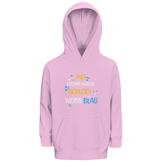 Bayerischer Kinder Premium Bio Hoodie Mei kloans Herzal schlogt weiss blau - Grantler Gwand