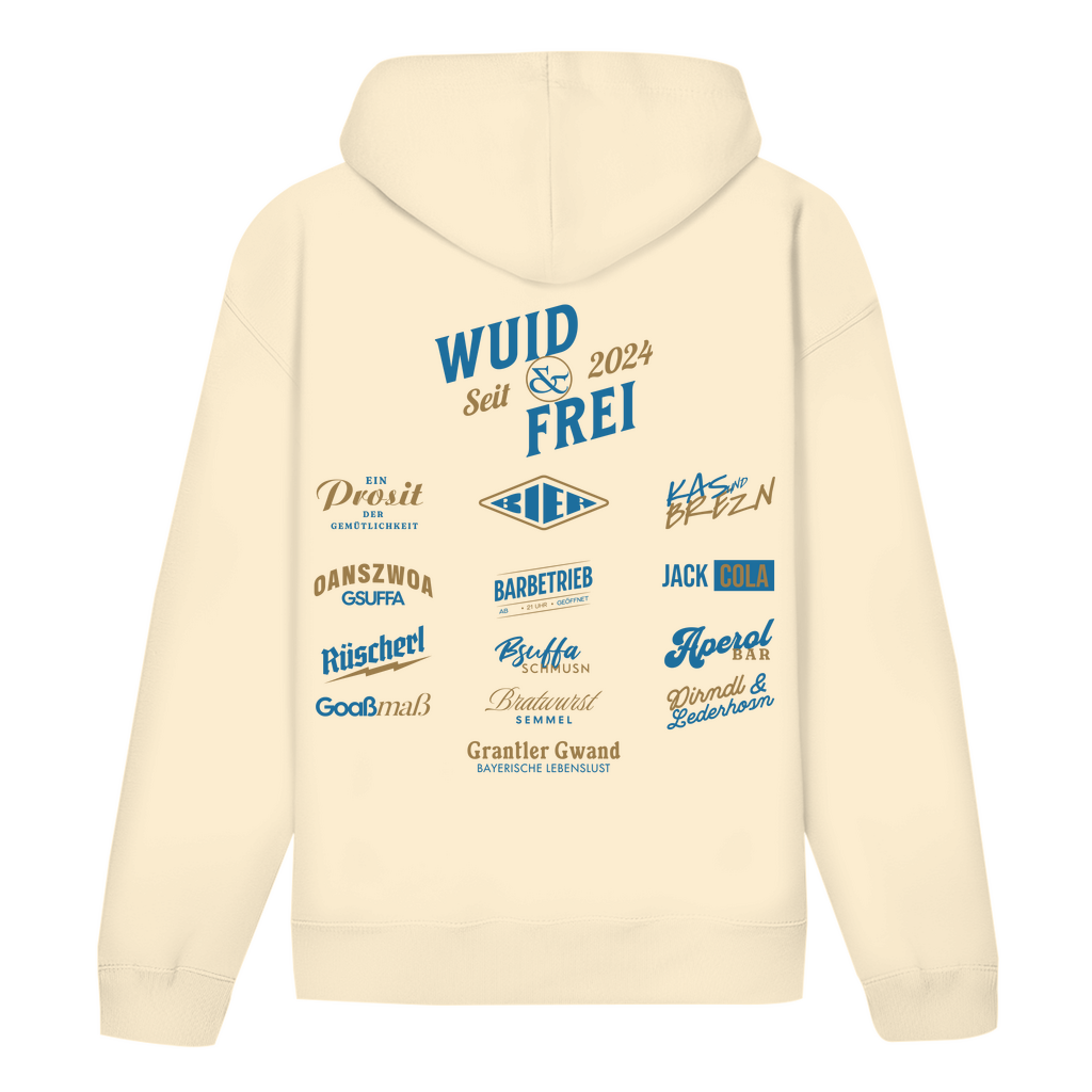 Bayerischer Hoodie Unisex - Wuid & Frei Dorfleben -blau/gold - Grantler Gwand