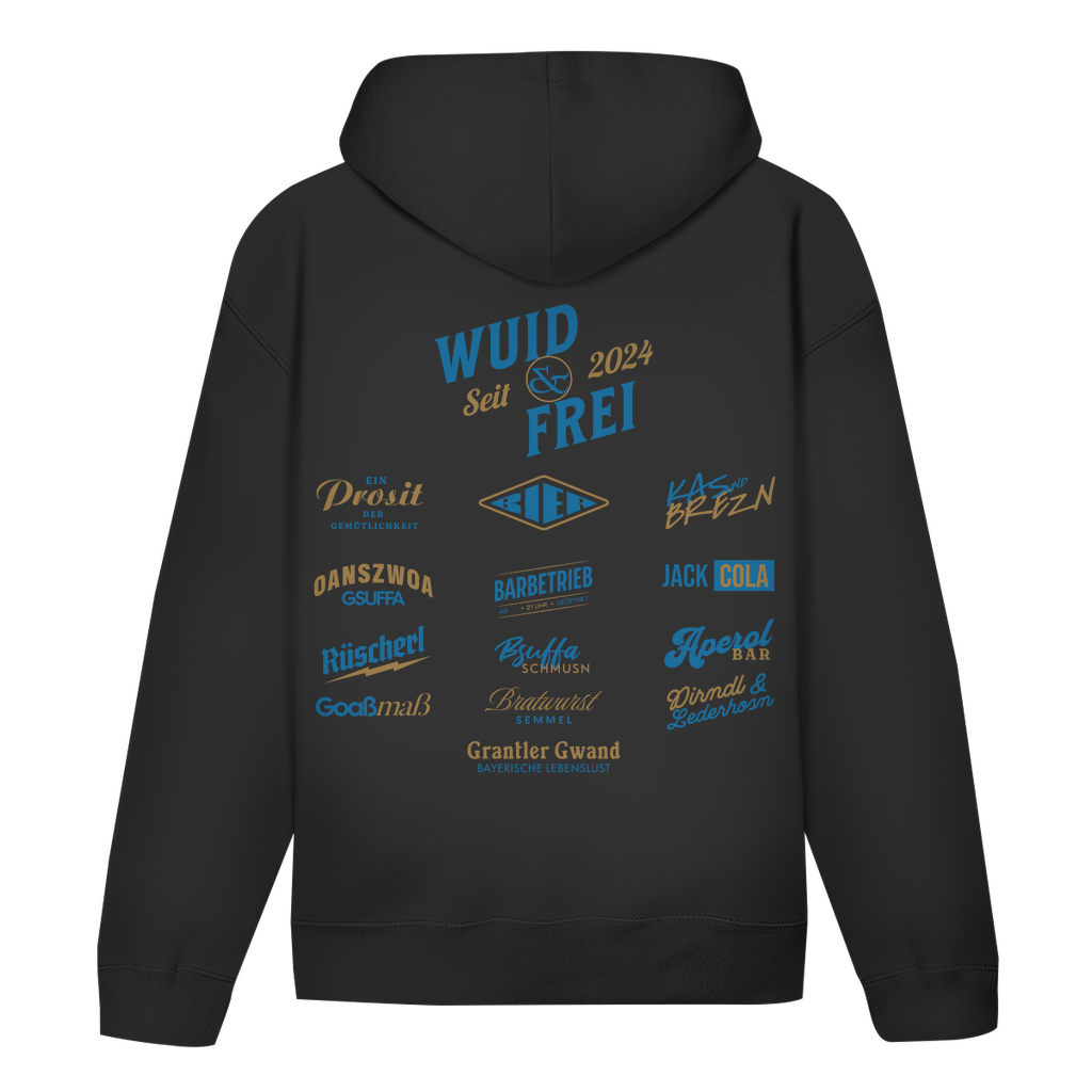 Bayerischer Hoodie Unisex - Wuid & Frei Dorfleben -blau/gold - Grantler Gwand