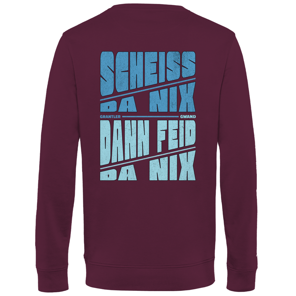 Bayerisches Herren Premium Bio Sweatshirt Scheiss da nix, dann feid da nix - blau - Front und Backprint - Grantler Gwand
