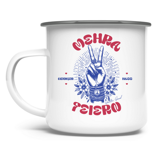 Bayerische Emaille Tasse Weniger Hass, Mehra Feiern - Rot/Blau - Grantler Gwand