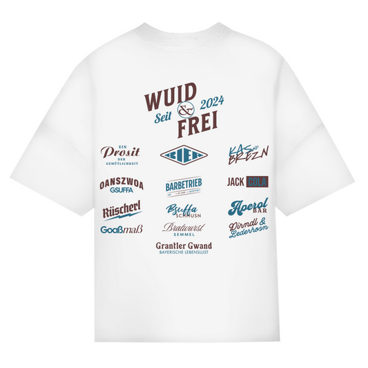 Bayerisches Oversize T-Shirt Unisex - Wuid & Frei Dorfleben -rot/blau - Grantler Gwand
