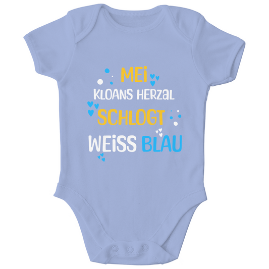 Bayerischer Bio Baby Body Mei kloans Herzal schlogt weiss blau - Grantler Gwand