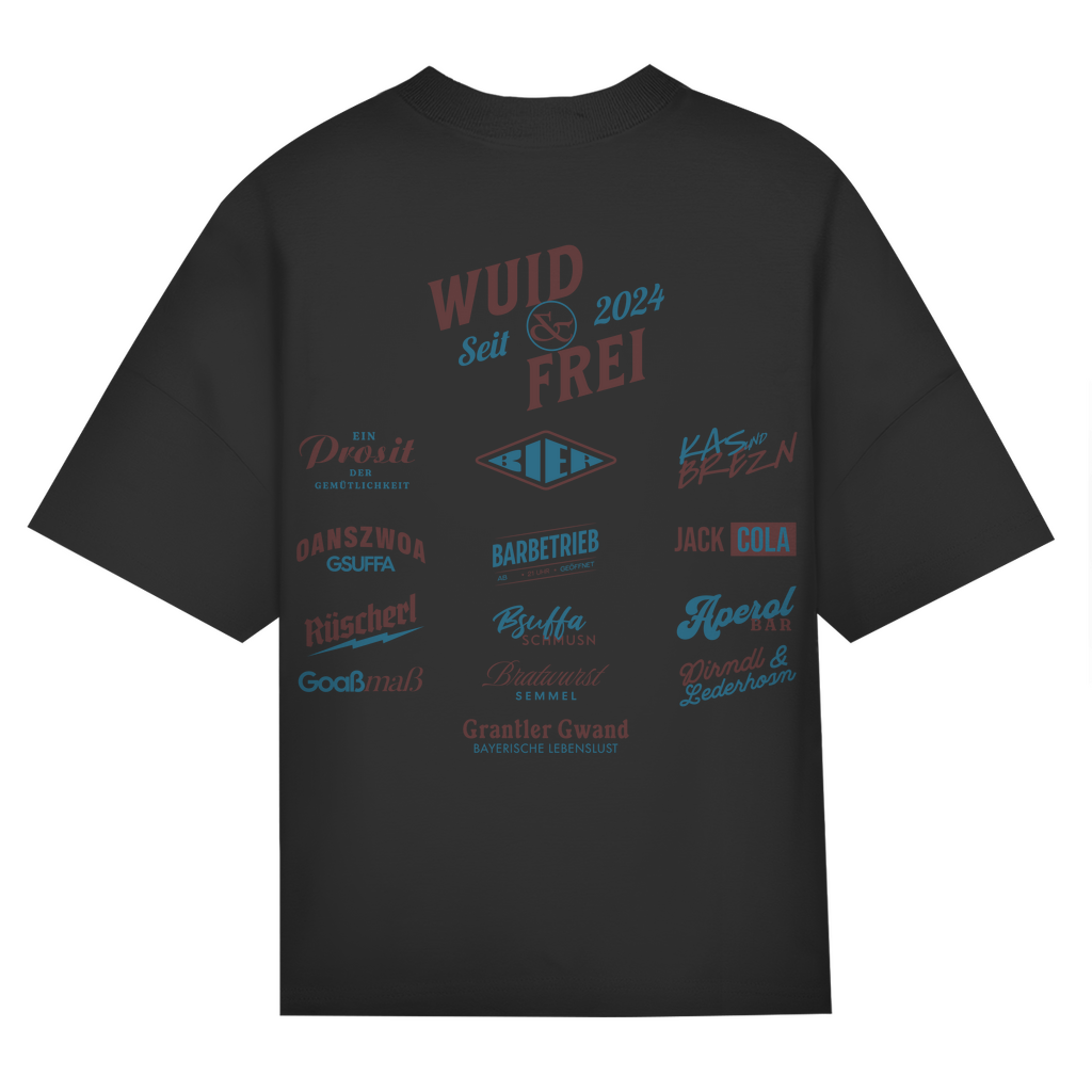 Bayerisches Oversize T-Shirt Unisex - Wuid & Frei Dorfleben -rot/blau - Grantler Gwand