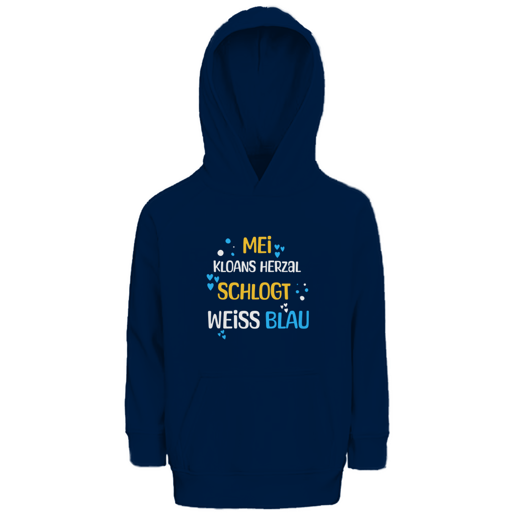 Bayerischer Kinder Premium Bio Hoodie Mei kloans Herzal schlogt weiss blau - Grantler Gwand