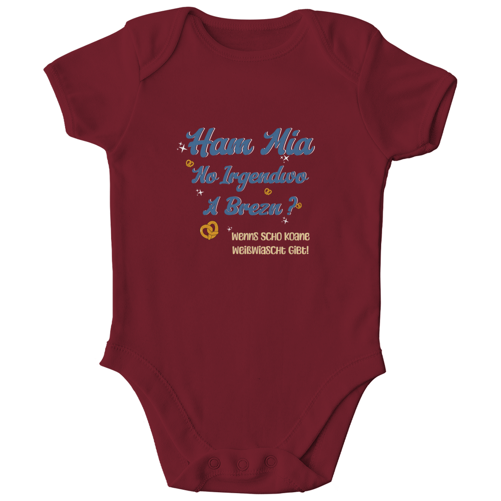 Bayerischer Bio Baby Body Ham mia no irgendwo a Brezn - blau - Grantler Gwand