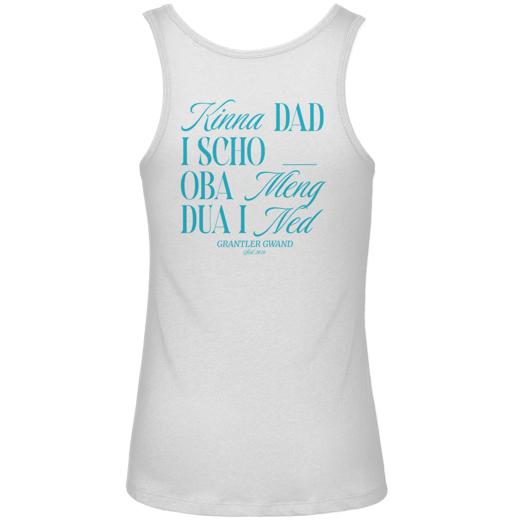 Bayerisches Damen Premium Organic Tank Top Kinna dad I scho, oba meng dua I ned - blau - Front- und Backprint - Grantler Gwand