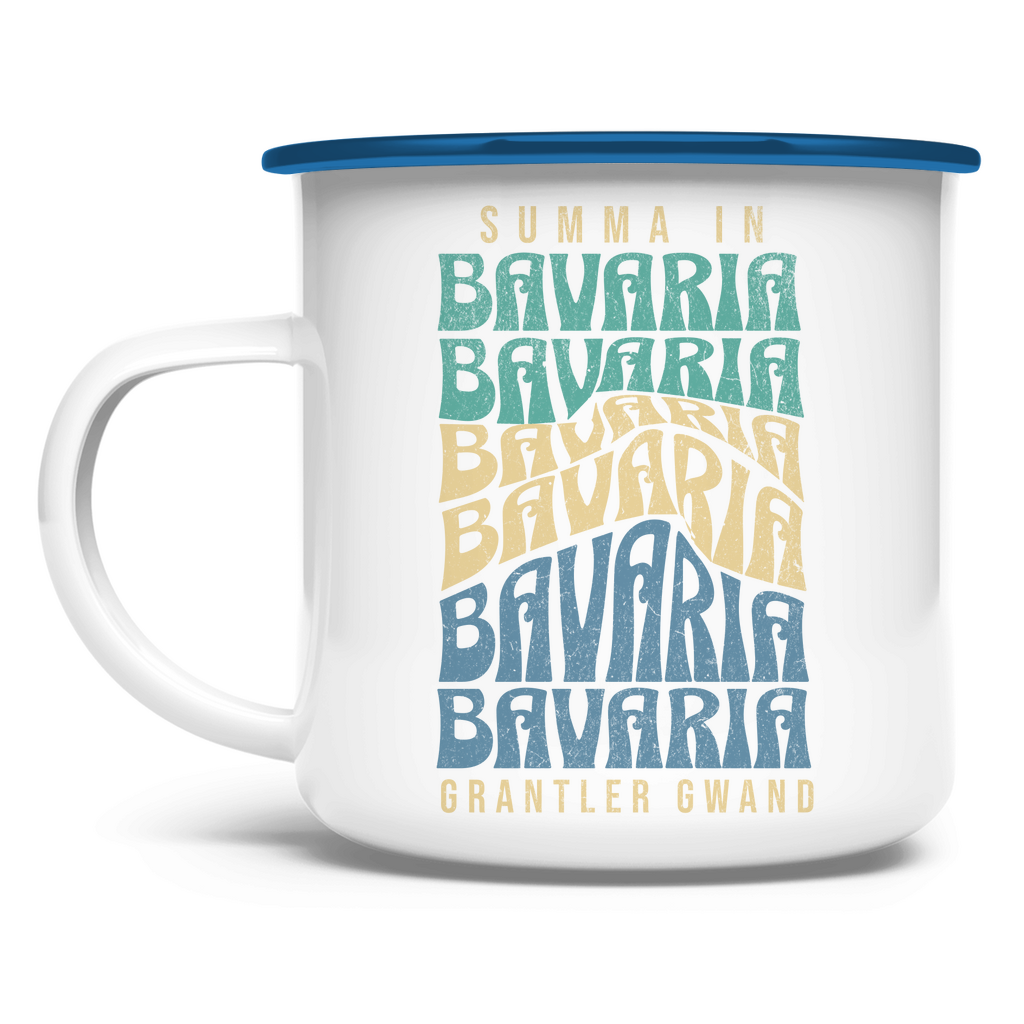 Bayerische Emaille Tasse Summa in Bavaria - Grün/Gold/Blau - Grantler Gwand