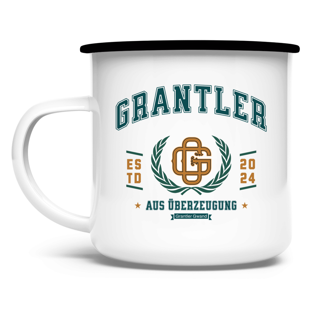 Emaille Tasse Grantler aus Überzeugung - grün/gold