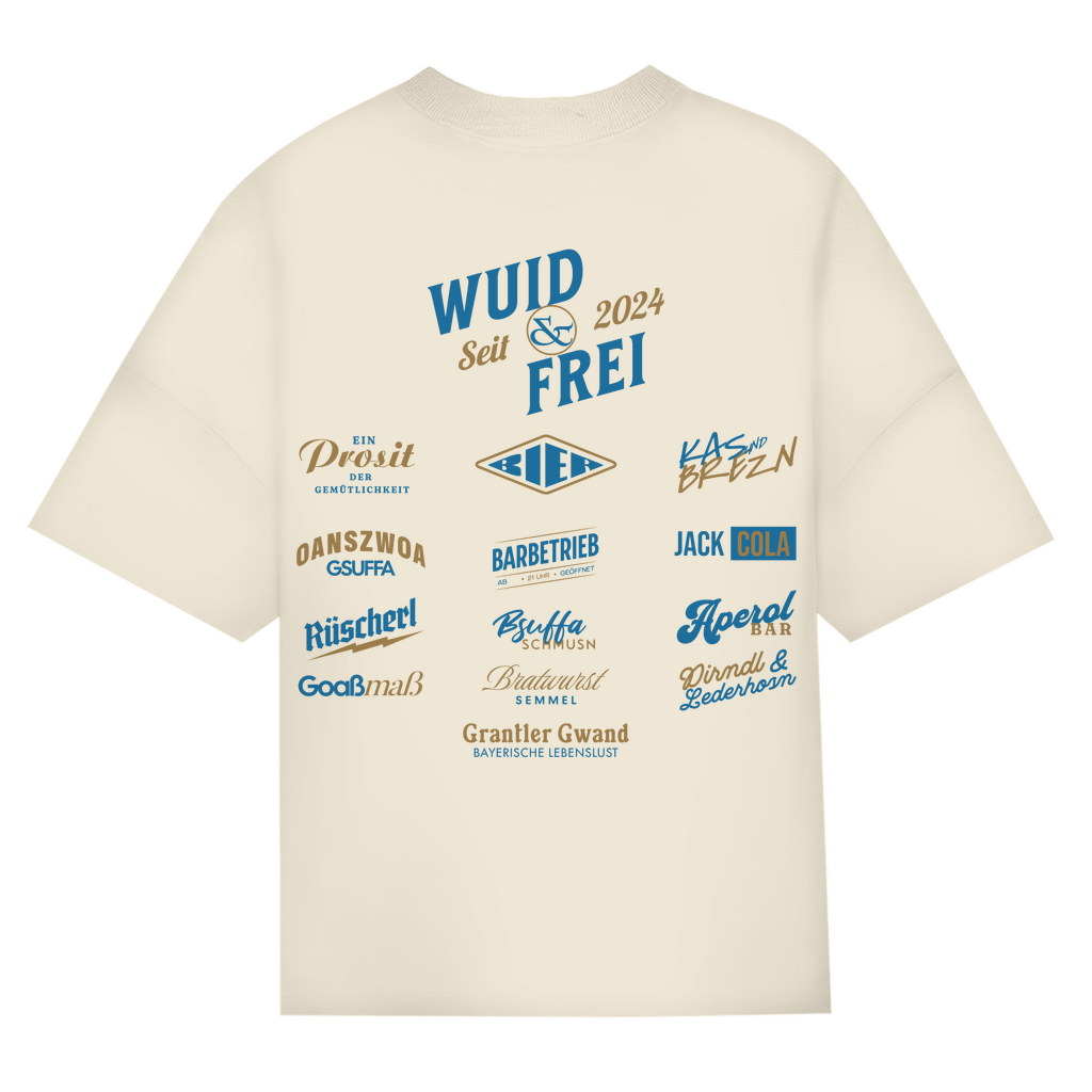Bayerisches Oversize T-Shirt Unisex - Wuid & Frei Dorfleben -blau/gold - Grantler Gwand