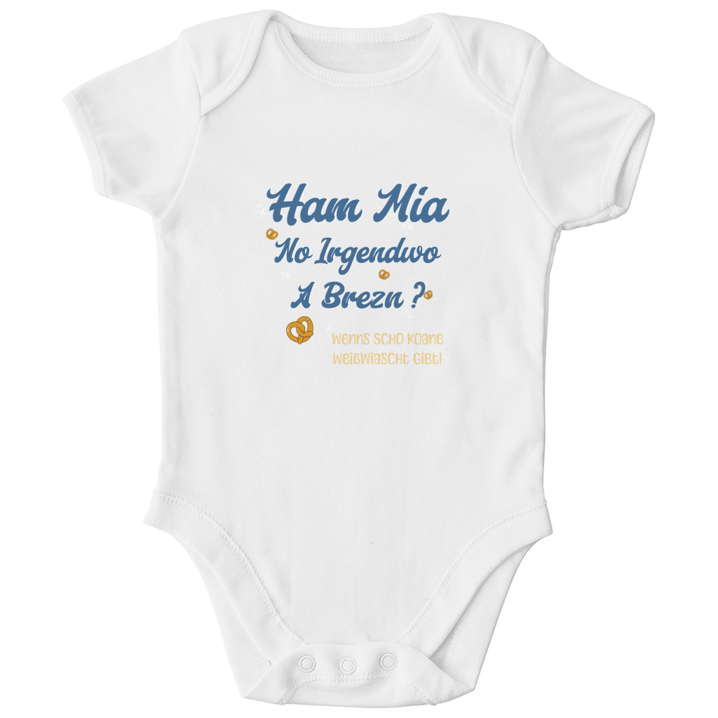 Bayerischer Bio Baby Body Ham mia no irgendwo a Brezn - blau - Grantler Gwand