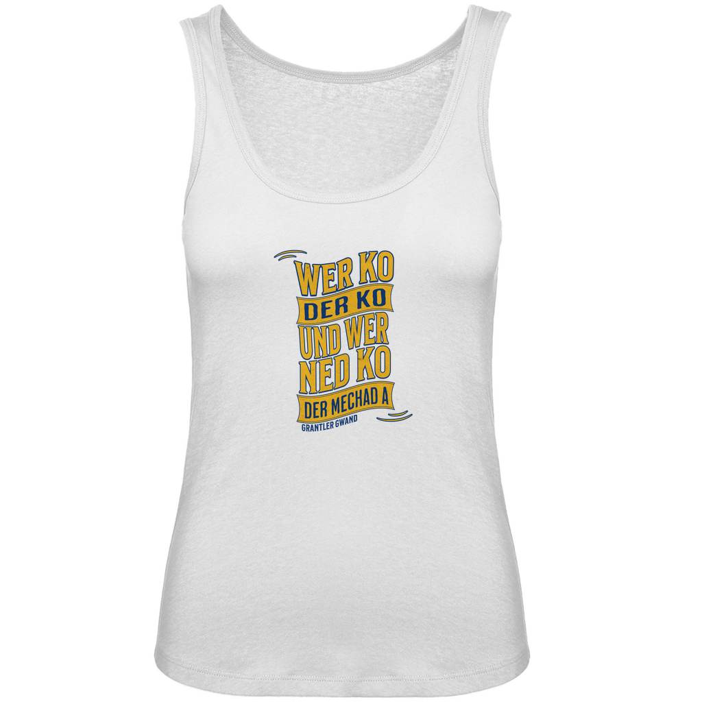 Bayerisches Damen Premium Organic Tank Top wer ko der ko, wer ned ko, der mechad a - gold/blau - Grantler Gwand
