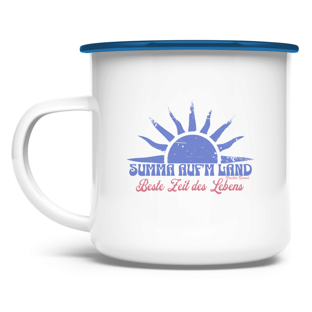 Emaille Tasse Summa auf´m Land - blau/rot