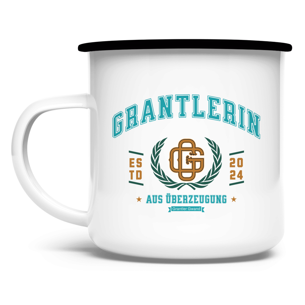 Emaille Tasse Grantlerin aus Überzeugung - mint/gold
