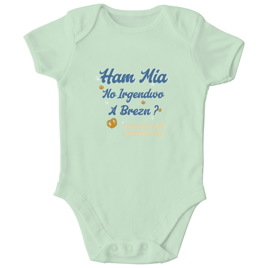 Bayerischer Bio Baby Body Ham mia no irgendwo a Brezn - blau - Grantler Gwand