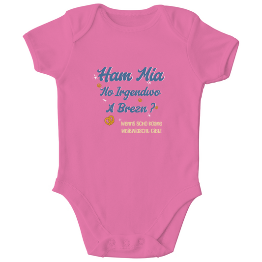 Bayerischer Bio Baby Body Ham mia no irgendwo a Brezn - blau - Grantler Gwand