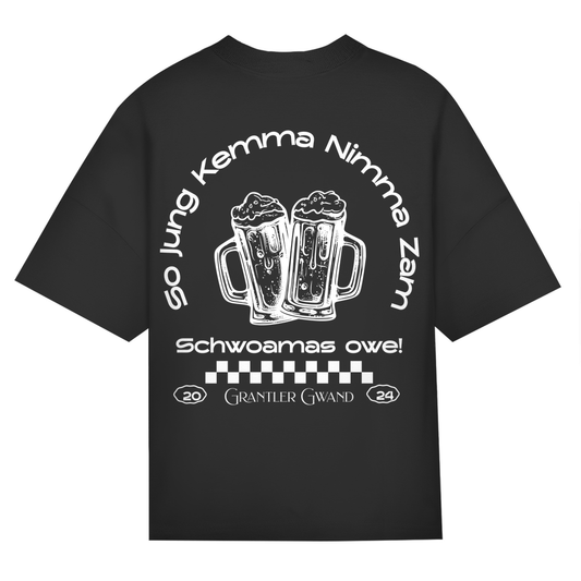 Bayerisches Oversize T-Shirt Unisex - So jung kemma nimma zam, schwoamas owe - weiß - Grantler Gwand