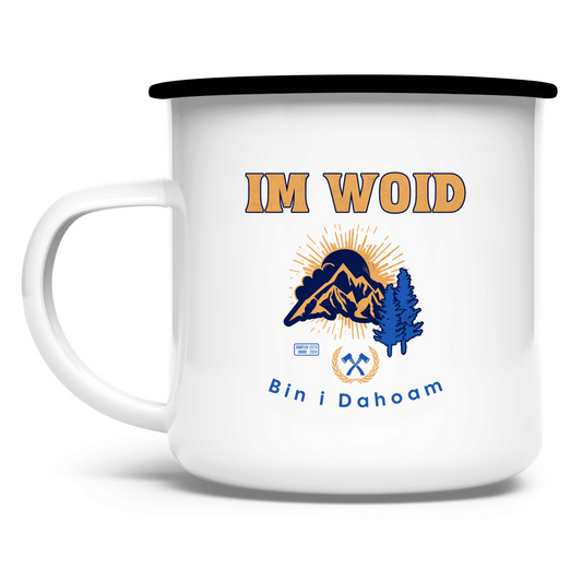 Emaille Tasse Im Woid bin i dahoam - blau