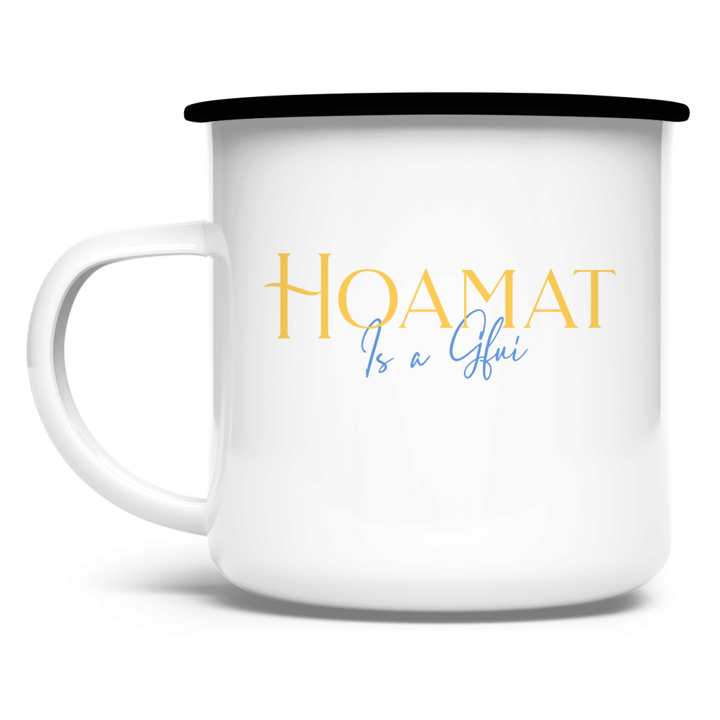 bayerische Emaille Tasse Hoamat is a Gfui - Gelb/Blau - Grantler Gwand