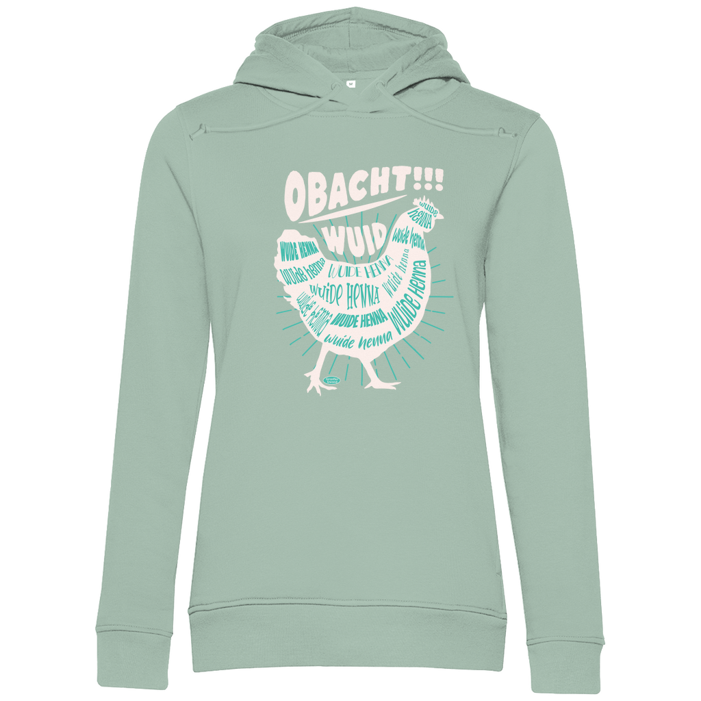 Bayerischer Damen Premium Bio Hoodie Obacht wuid - grün/beige - Grantler Gwand
