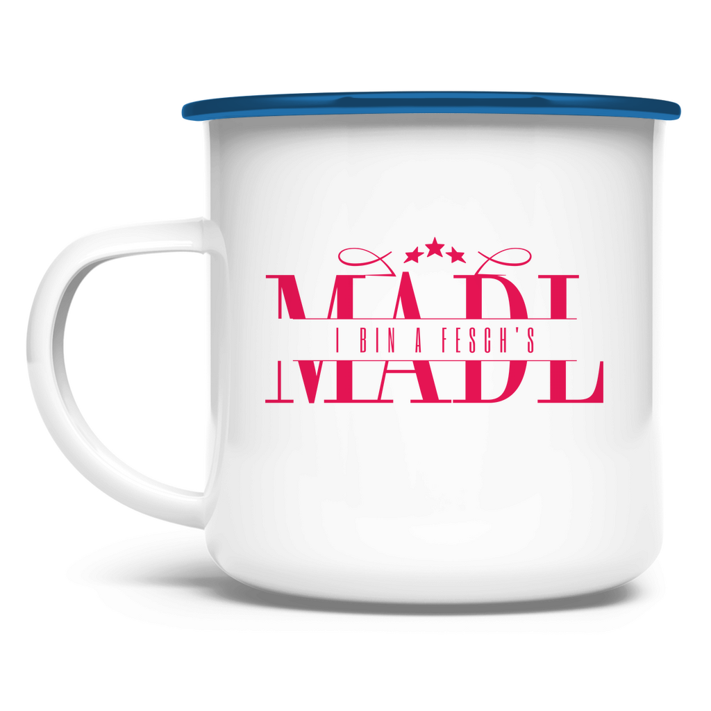 bayerische Emaille Tasse I bin a fesch´s Madl - rot - Grantler Gwand