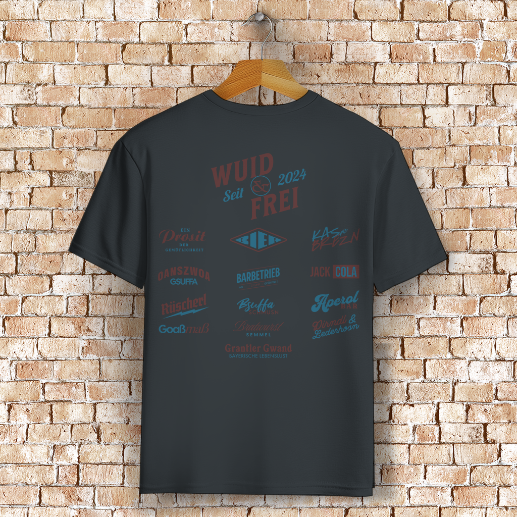 Bayerisches T-Shirt Unisex - Wuid & Frei Dorfleben -rot/blau - Grantler Gwand