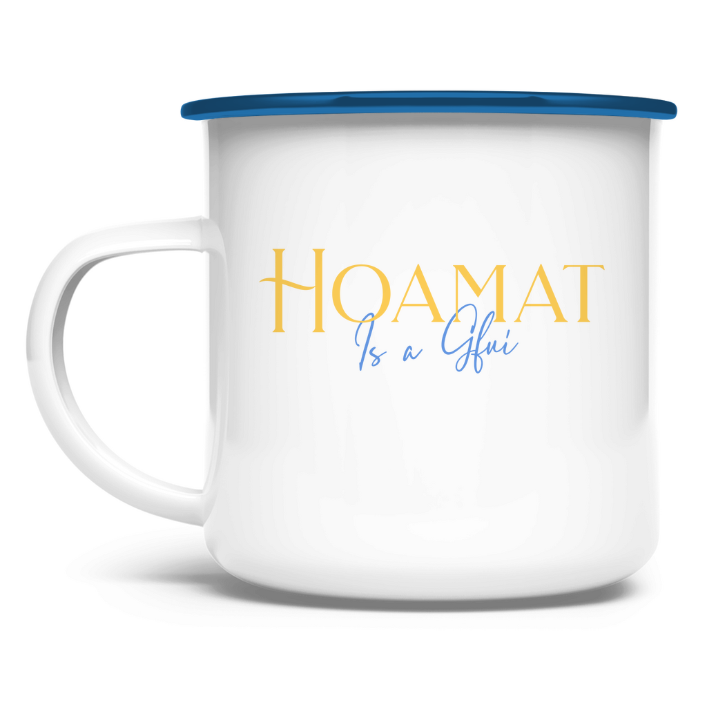 bayerische Emaille Tasse Hoamat is a Gfui - Gelb/Blau - Grantler Gwand