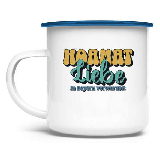 Emaille Tasse Hoamat Liebe -gold/grün