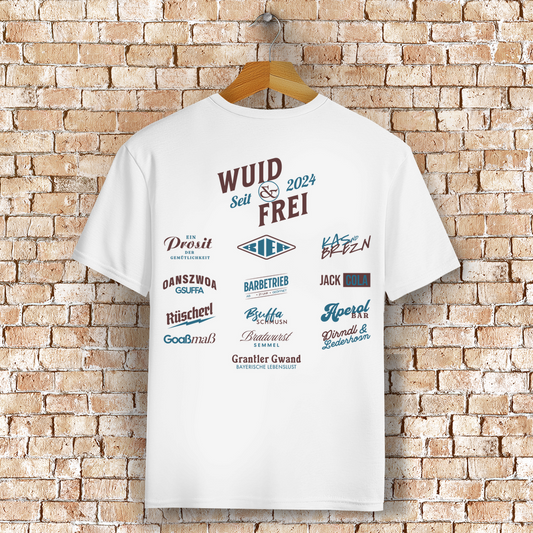 Bayerisches T-Shirt Unisex - Wuid & Frei Dorfleben -rot/blau - Grantler Gwand