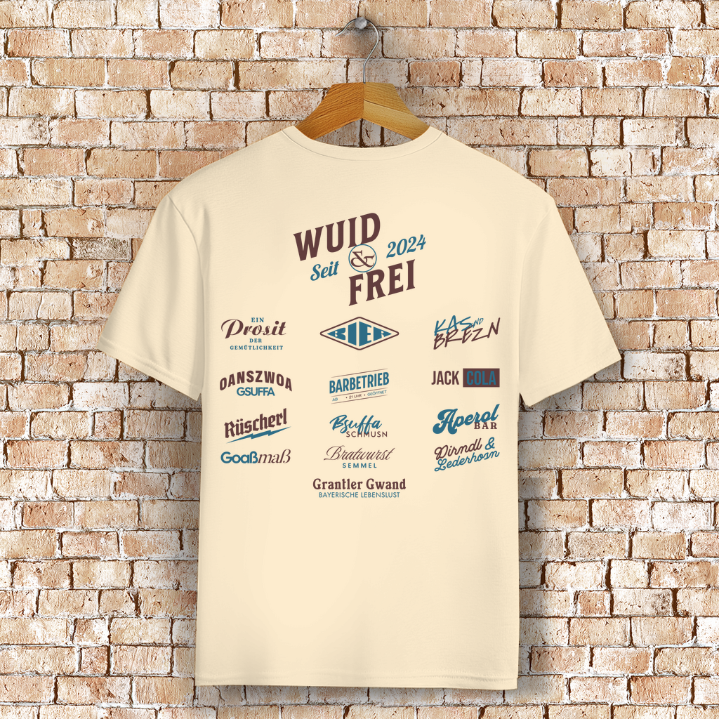 Bayerisches T-Shirt Unisex - Wuid & Frei Dorfleben -rot/blau - Grantler Gwand