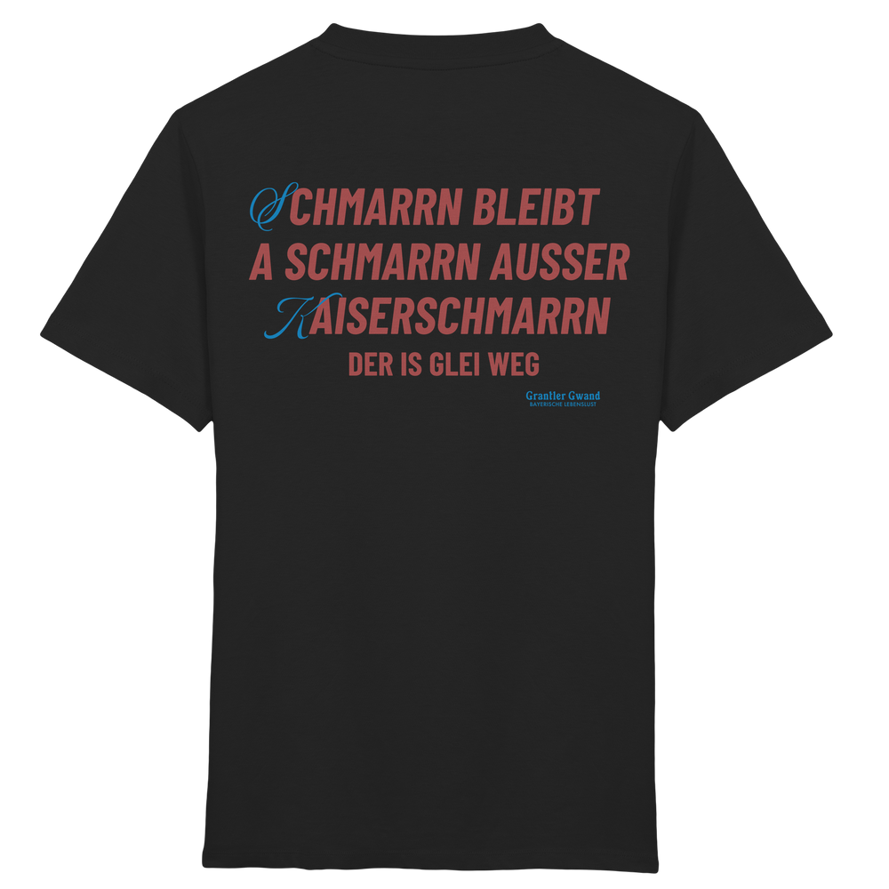 Schwarzes Kinder T-Shirt mit großem Backprint „Schmarrn bleibt a Schmarrn, außer Kaiserschmarrn – der is glei weg“.