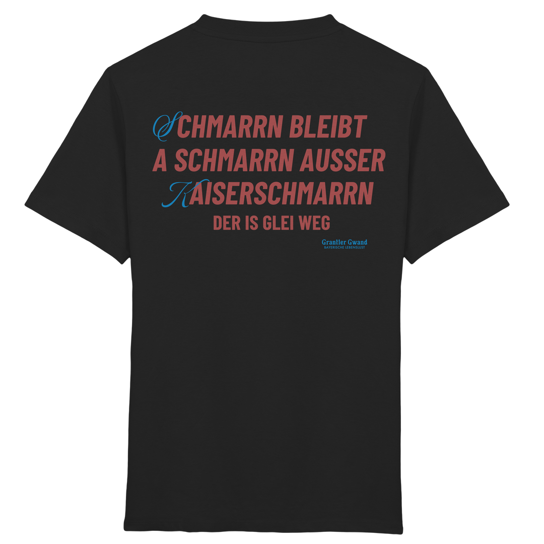 Schwarzes Kinder T-Shirt mit großem Backprint „Schmarrn bleibt a Schmarrn, außer Kaiserschmarrn – der is glei weg“.