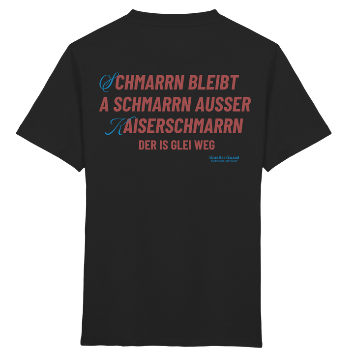 Schwarzes Kinder T-Shirt mit großem Backprint „Schmarrn bleibt a Schmarrn, außer Kaiserschmarrn – der is glei weg“.