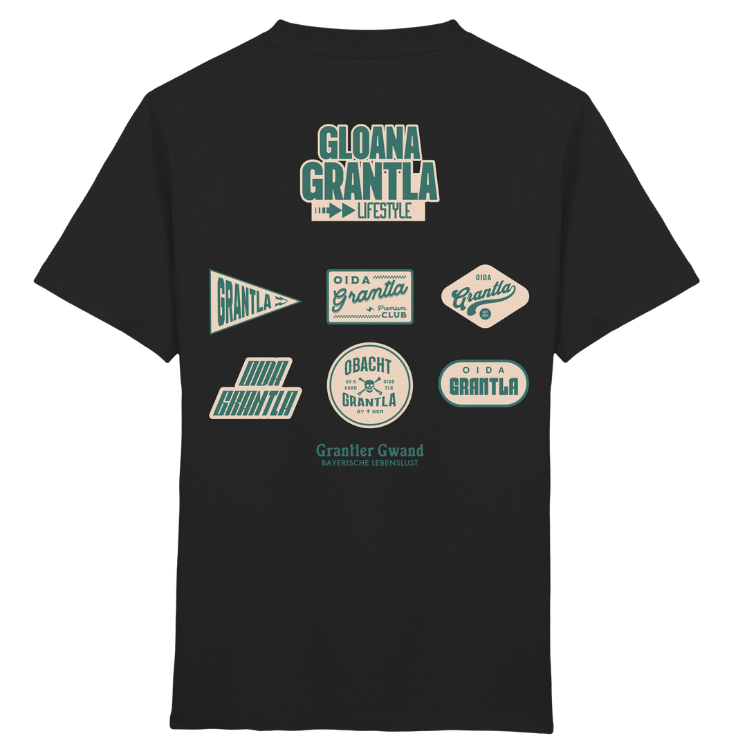 Schwarzes Kinder-T-Shirt mit großem Rückenprint „Gloana Grantla Lifestyle“ im Retro-Logo-Design. Bayerisches Kinder-Shirt aus weicher Baumwolle für Alltag, Kindergarten und Familienausflüge. Designed und bedruckt in Bayern von Grantler Gwand.