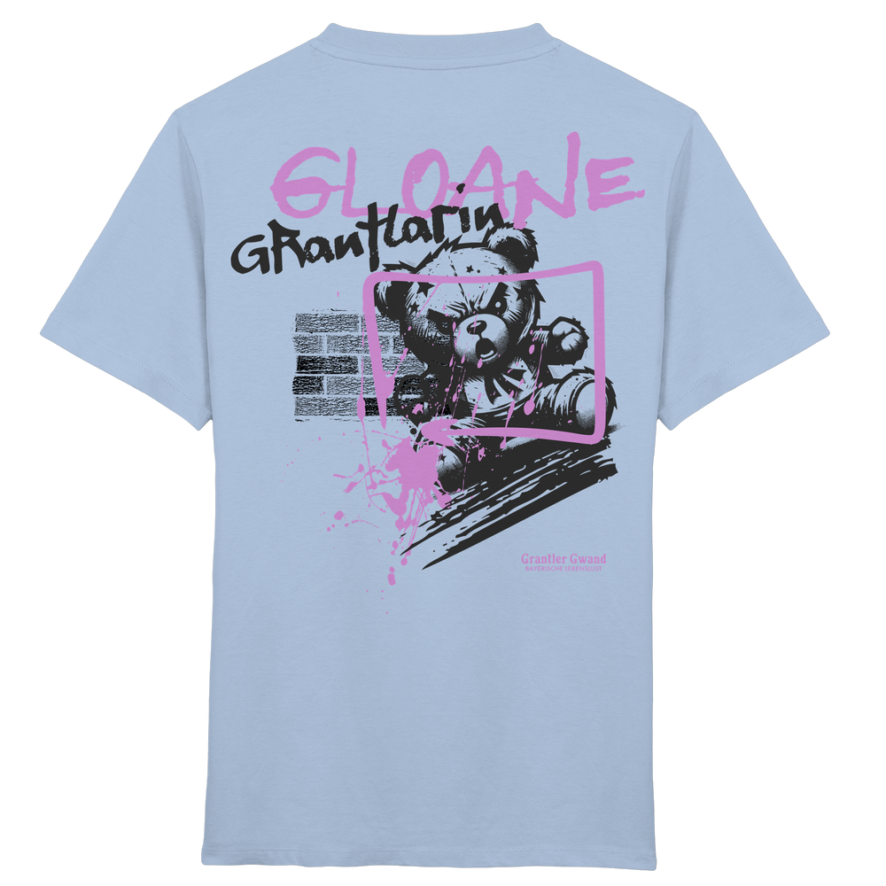Blaues Kinder T-Shirt mit großem Backprint „Gloane Grantlarin“ und frechem Bären im Street-Art-Stil in Lila und Schwarz.