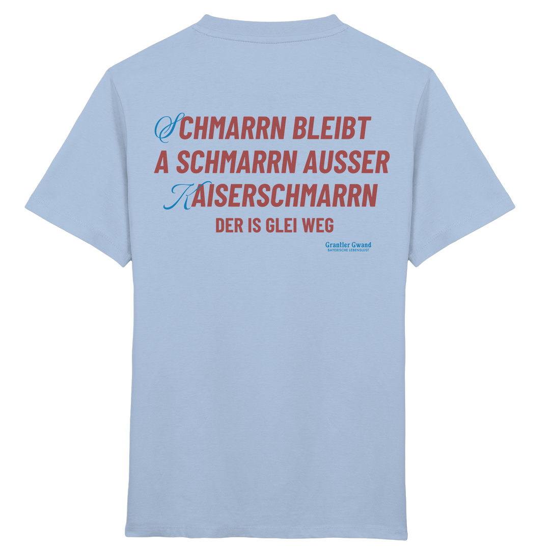 Blaues Kinder T-Shirt mit großem Backprint „Schmarrn bleibt a Schmarrn, außer Kaiserschmarrn – der is glei weg“.
