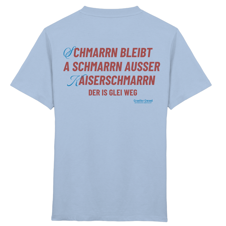 Blaues Kinder T-Shirt mit großem Backprint „Schmarrn bleibt a Schmarrn, außer Kaiserschmarrn – der is glei weg“.