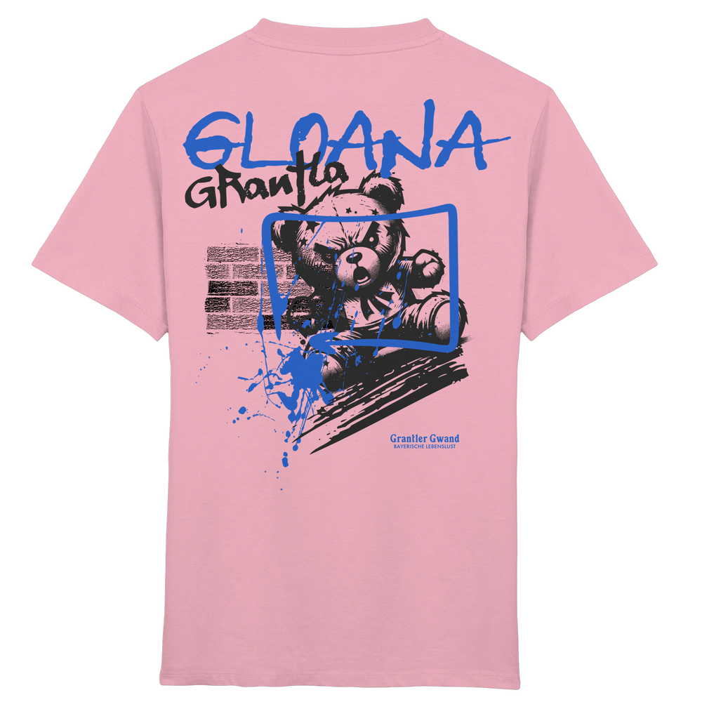 Pinkes Kinder T-Shirt mit großem Backprint „Gloana Grantla“ und frechem Bären im Street-Art-Stil.
