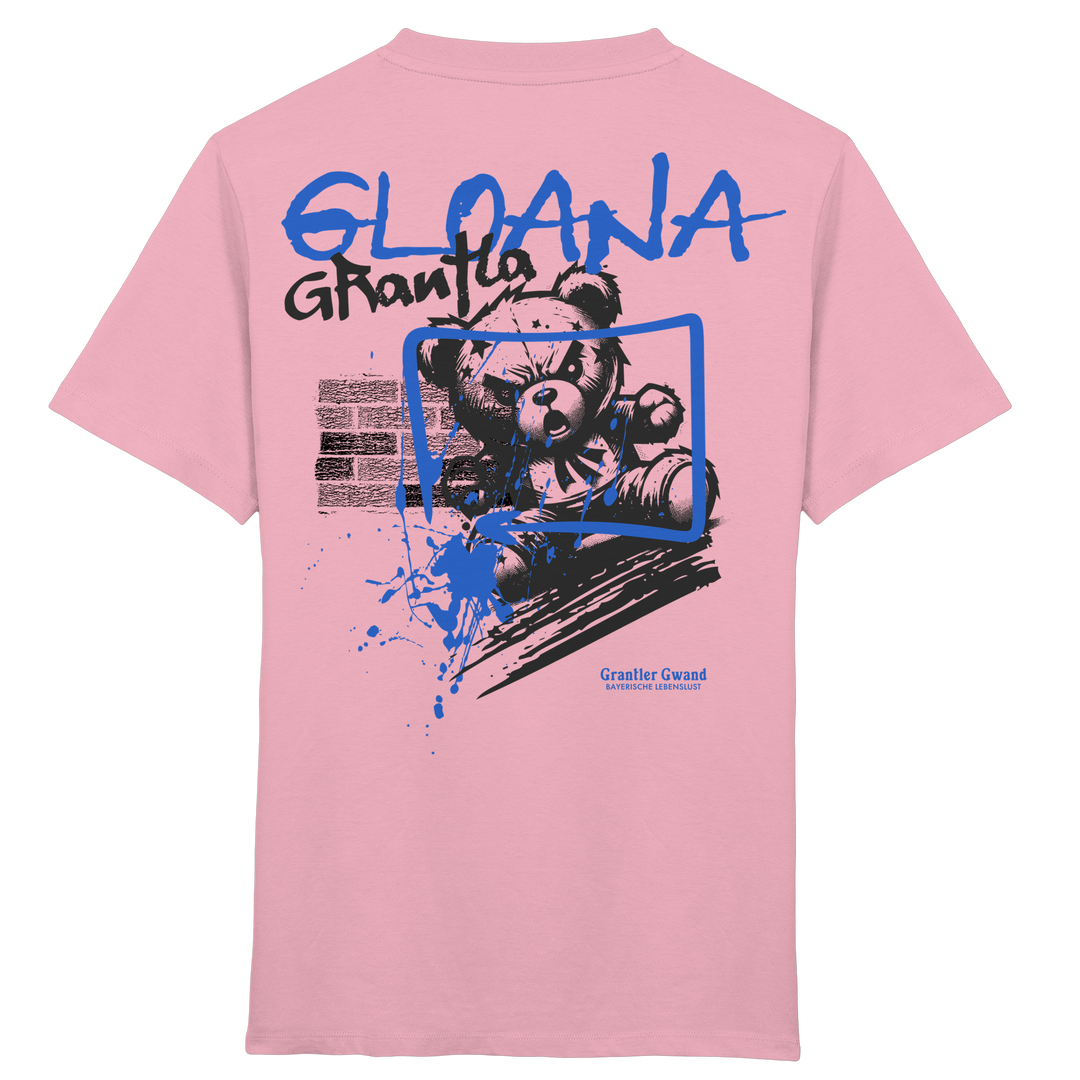 Pinkes Kinder T-Shirt mit großem Backprint „Gloana Grantla“ und frechem Bären im Street-Art-Stil.