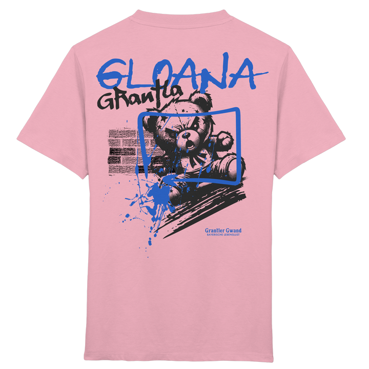 Pinkes Kinder T-Shirt mit großem Backprint „Gloana Grantla“ und frechem Bären im Street-Art-Stil.