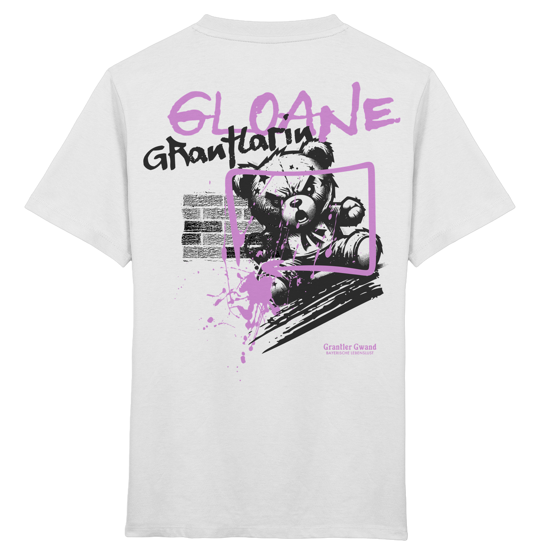 Weißes Kinder T-Shirt mit großem Backprint „Gloane Grantlarin“ und frechem Bären im Street-Art-Stil in Lila und Schwarz.