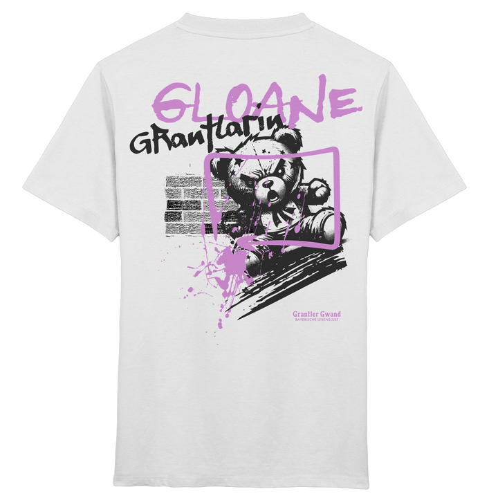 Weißes Kinder T-Shirt mit großem Backprint „Gloane Grantlarin“ und frechem Bären im Street-Art-Stil in Lila und Schwarz.