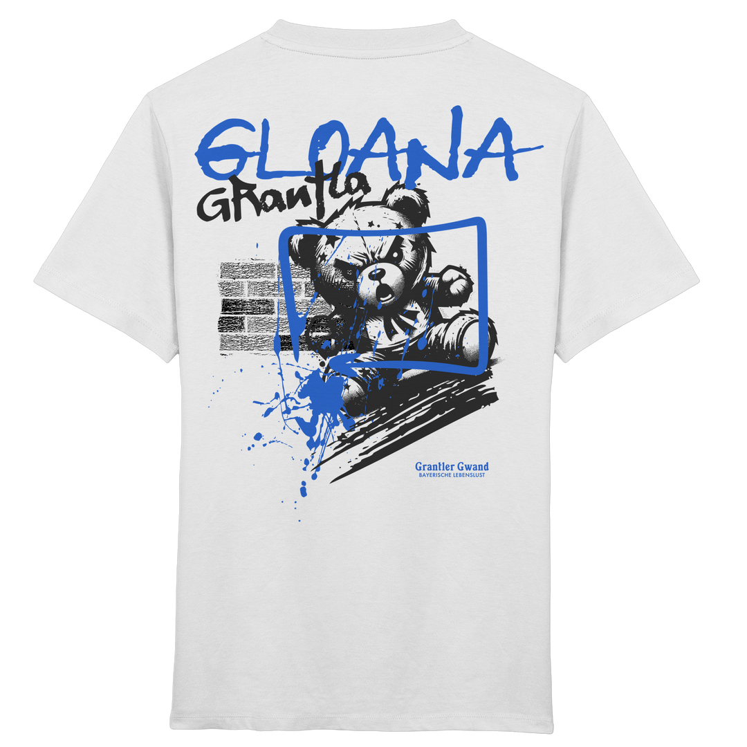 Weißes Kinder T-Shirt mit großem Backprint „Gloana Grantla“ und frechem Bären im Street-Art-Stil.
